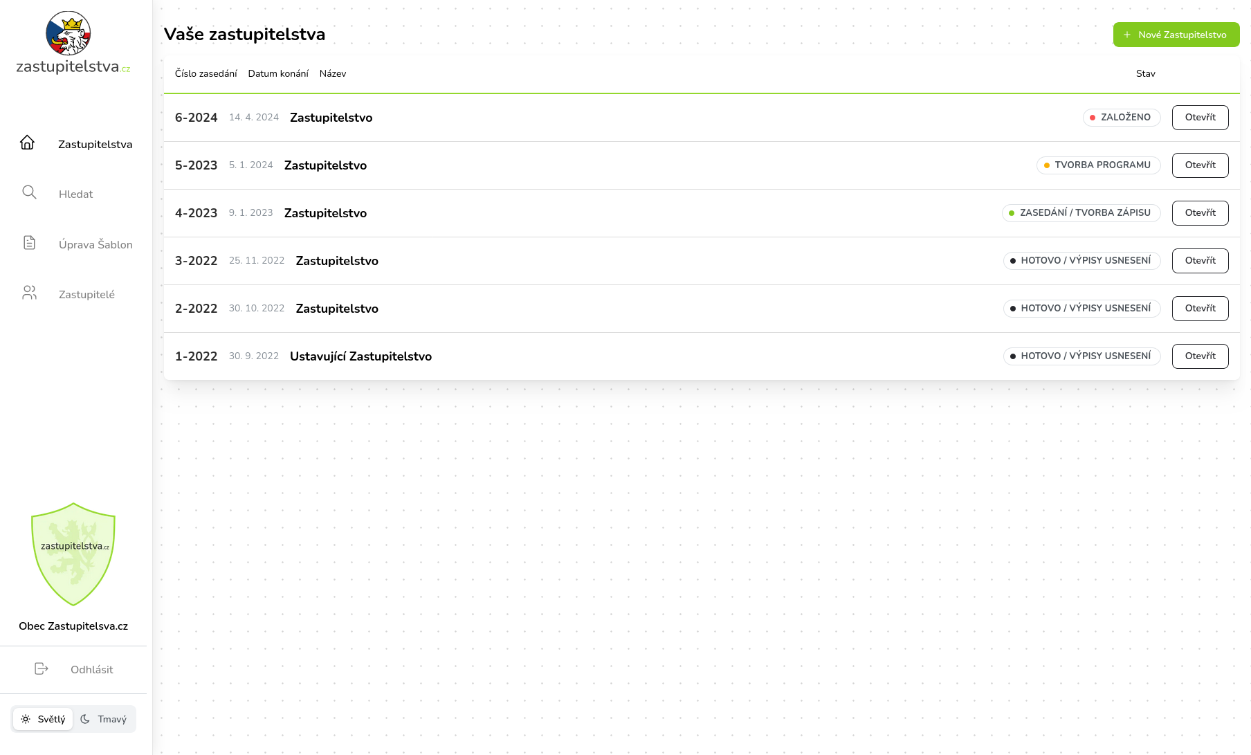 Ukázka rozhraní aplikace Zastupitelstva.cz - systém pro tvorbu zápisů ze zasedání